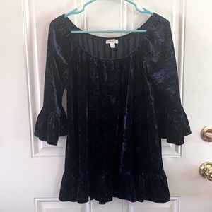 BeachLunchLounge Blue Velour Top. Anthropologie Off-shoulder Shirt. Ruffled